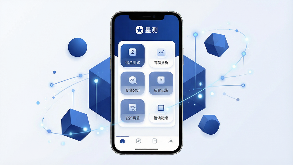 一张展示“星测”软件核心全貌的图片,画面中央是一部智能手机,手机屏幕上显示着“星测”App的主界面,界面以深蓝和白色为主色调,顶部有“星测”的Logo和名称,中间区域分布着几个功能入口图标,如“综合测试”“专项分析”“历史记录”等,图标设计简洁圆润,底部是导航栏,整体布局干净清爽,手机周围环绕着一些抽象的几何图形和光点,代表数据流动和智能分析,风格现代科技感,细节清晰,画质干净无多余元素