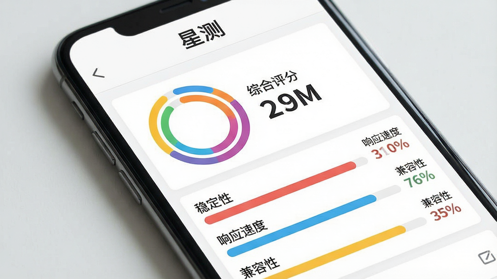 一张展示“星测”App测试报告页面的图片,画面主体是手机屏幕,屏幕上显示着一份测试结果报告,报告顶部有“星测”字样,中间是一个彩色的环形进度图,旁边标注着“综合评分”和具体数值,下方用不同颜色的横向条形图展示“稳定性”“响应速度”“兼容性”等维度的得分,每个条形图旁边配有简短的文字说明,界面排版清晰,风格现代扁平,画质干净无多余元素