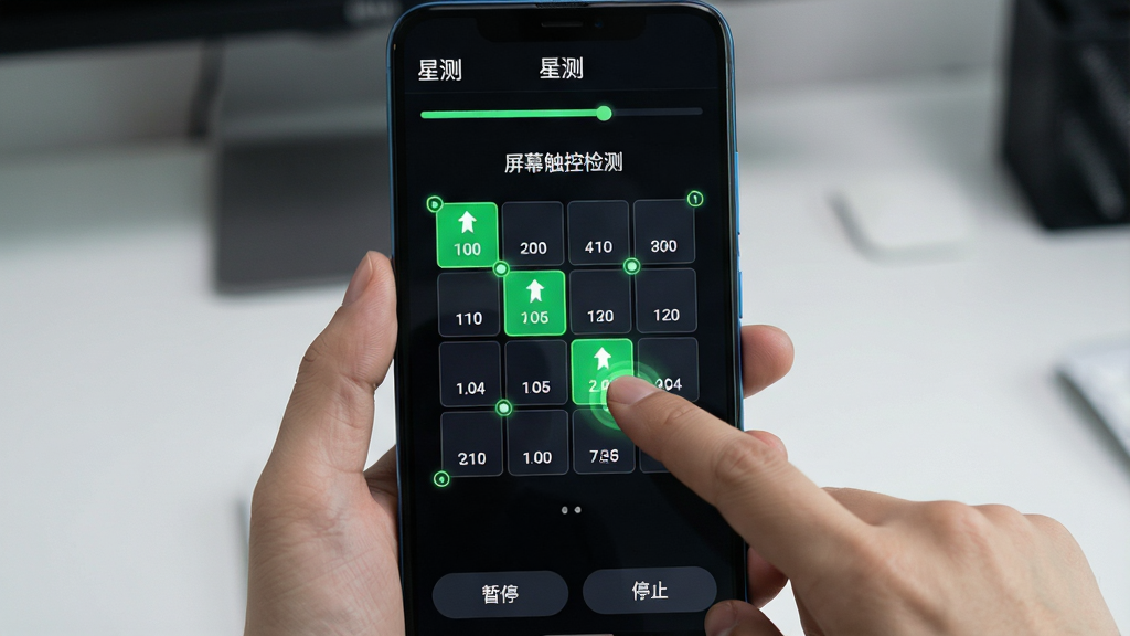 一张展示“星测”App在安卓手机上运行测试过程的图片,画面主体是手机屏幕,屏幕上显示“星测”正在进行“屏幕触控检测”,界面中央有一个网格状的触控区域,用户手指正在点击网格,被点击的格子会变成绿色并显示坐标数字,屏幕顶部有“星测”字样和测试进度条,底部有“暂停”和“停止”按钮,背景是深色模式,突出触控反馈的视觉效果,风格科技感,画质干净