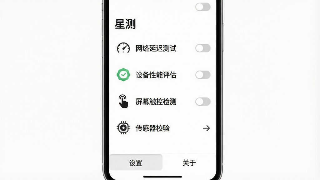 一张展示“星测”App功能列表的图片,画面主体是手机屏幕,屏幕上以列表形式排列着“星测”的各项功能,包括“网络延迟测试”“设备性能评估”“屏幕触控检测”“传感器校验”等,每个功能左侧有对应的简约图标,右侧有开关或箭头,界面底部有“设置”和“关于”两个选项卡,整体背景为纯白色,文字清晰,风格极简,画质干净