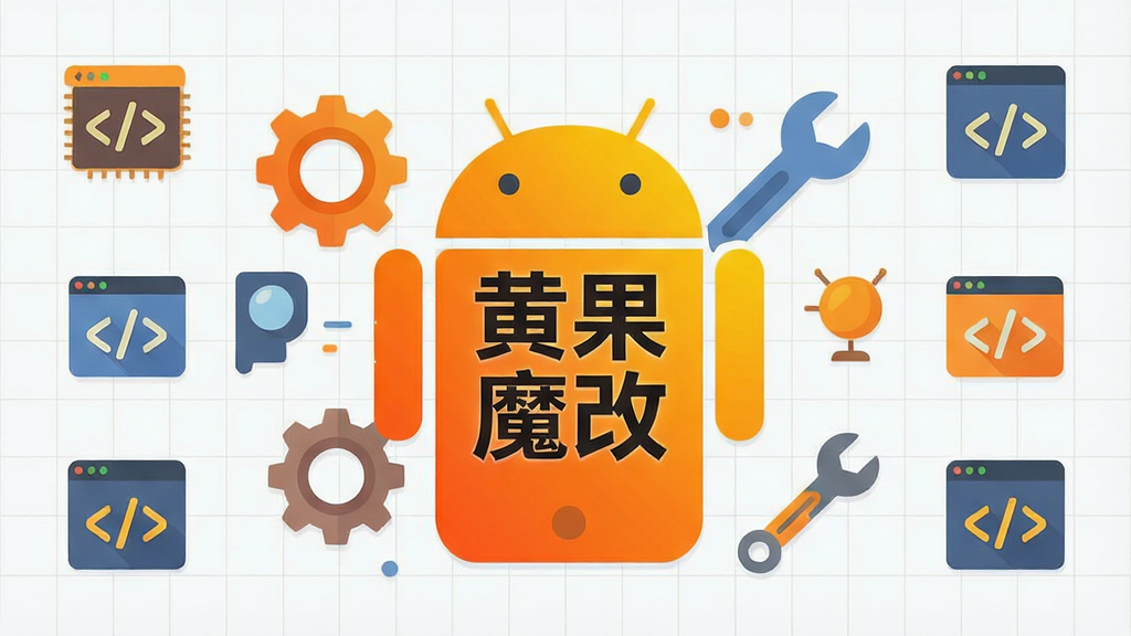 一张展示黄果魔改应用核心全貌的插画,画面中央是一个充满活力的橙色和黄色渐变风格的安卓手机图标,图标上写着“黄果魔改”四个字,手机周围环绕着齿轮、扳手、代码符号等代表工具和修改元素的扁平化小图标,背景是干净的浅色网格,整体排版居中对称,风格现代科技感,细节圆润精致,画质清晰干净,无多余元素