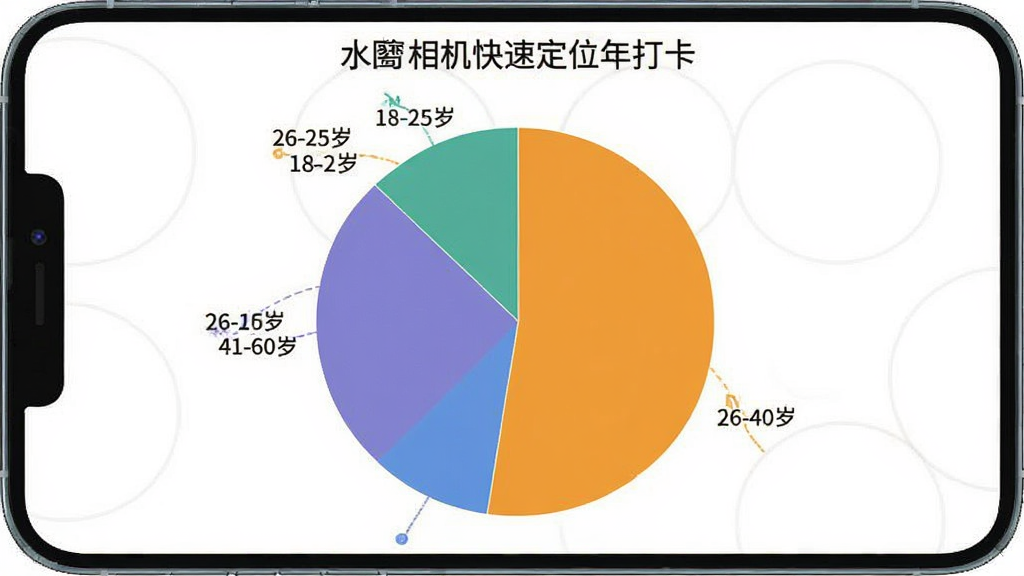水印相机快速定位打卡 用户年龄段分布饼状图 18-25岁 26-40岁 41-60岁 不同颜色扇形 数据标签 扁平化图表 干净背景 高清画质