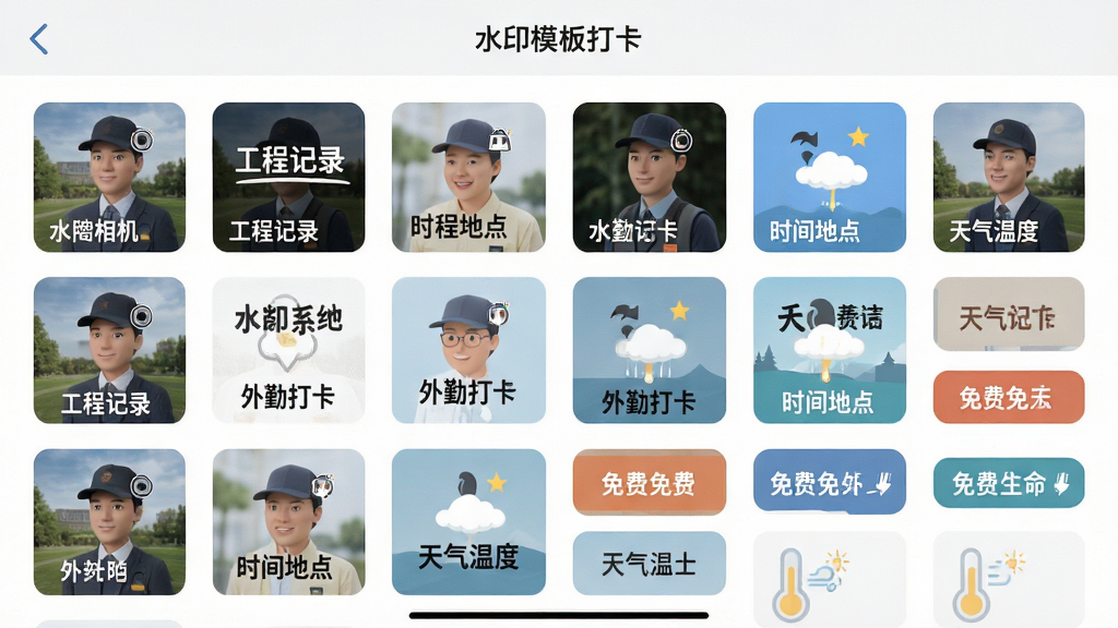 水印相机快速定位打卡 水印模板选择界面 多种样式缩略图 工程记录 外勤打卡 时间地点 天气温度 免费标签 整齐排列 扁平化设计 干净背景 高清画质