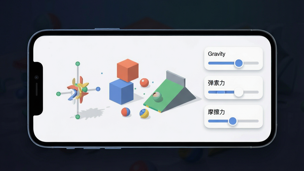 一张展示grg物理沙盒软件核心全貌的图片,主体是一个手机屏幕,屏幕中央显示着软件界面,界面里有简单的几何形状如方块、小球和斜坡,旁边有重力、弹力、摩擦力等参数调节滑块,布局简洁,排版清晰,风格是科技感与休闲感结合的扁平化设计,细节上有轻微的阴影和圆角,画质干净无多余元素,背景为深色渐变,突出物理模拟的趣味性
