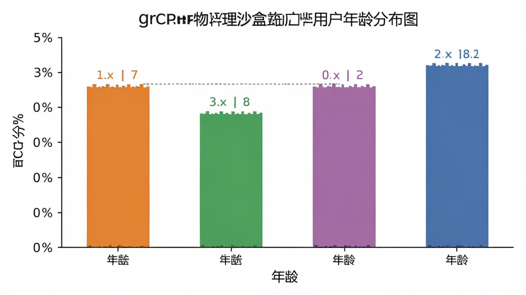 一张展示grg物理沙盒用户年龄分布的柱状图,主体是图表,图表中有四个柱子分别代表不同年龄段,布局是横轴为年龄段,纵轴为百分比,排版清晰,风格是扁平化信息图,细节上柱子颜色不同,画质干净无多余元素,背景为白色