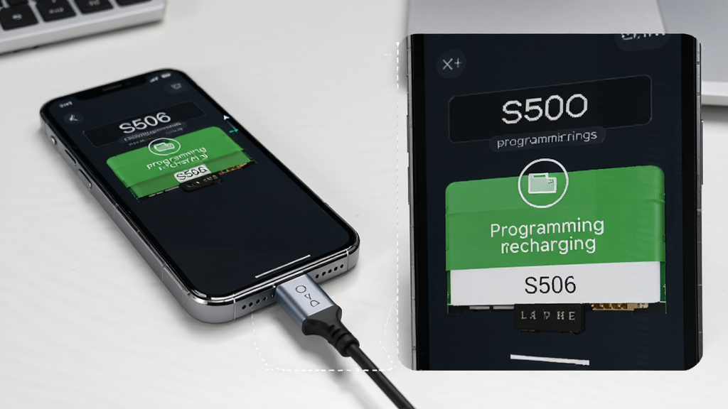 S506 programming recharging�����豸�Ĳ���ʾ��ͼ�������������ֻ�ͨ��OTG������һ��S506�豸ģ�飬�ֻ���Ļ����ʾ��S506 programming recharging��������״̬���棬������ʵ�����ӳ�������Ļ��д�������дʵ�Ƽ��磬ϸ�����߲ĺͽӿ������ɼ��������Ǹɾ������棬���ʸ����޶������