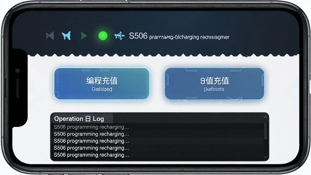 һ��չʾS506 programming recharging�����������ͼƬ��������һ���ֻ���Ļ��ʾ��S506 programming recharging��Ӧ�ý��棬�����Ϸ����豸����״ָ̬ʾ�ƣ��м��Ǳ�̺ͳ�ֵ�������ܰ�ť���·��ǲ�����־�������ڣ��Ű�������������ǿƼ��б�ƽ����ƣ�ϸ���ϰ�ť����΢��Ч�������ʸ���ɾ��޶���Ԫ�أ�����Ϊ��ɫ���䡣