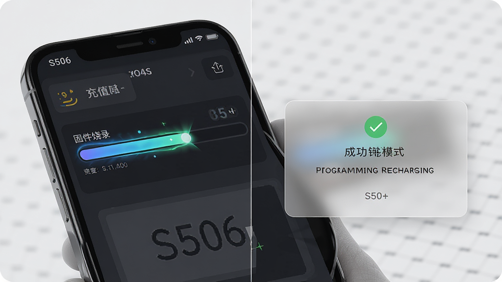 S506 programming recharging�����Ĺ���չʾͼ�������������ֻ���Ļ��д����Ļ����ʾ�ű��ģʽ�µĹ̼���¼�������ͳ�ֵģʽ�µĳɹ���ʾ���������ֲ������ҷ���չʾ�������ܽ��棬�����дʵUI���ϸ���Ͻ����������⶯�����������а�͸��ë����Ч�����������������޶���Ԫ�أ�������ࡣ