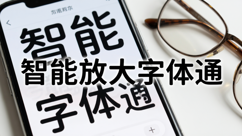 一张手机屏幕特写,屏幕上显示着放大的中文字体,字体清晰圆润,背景是浅色界面,旁边放着一副老花镜,整体风格简洁明亮,画质干净无多余元素,图片中央用大号字体标注“智能放大字体通”