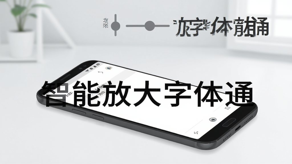 一部安卓手机放在桌面上,屏幕显示设置界面,字体被放大到很大,旁边有一个滑块图标表示可以调节字体大小,背景简洁,风格现代扁平,画面中有“智能放大字体通”字样,画质清晰干净无多余元素