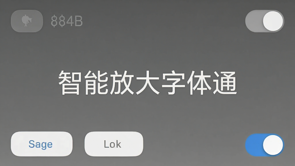 手机应用界面截图,界面非常简洁,只有几个功能按钮和开关,没有广告横幅,背景为纯色,风格极简,画面中央有“智能放大字体通”文字,画质干净无多余元素