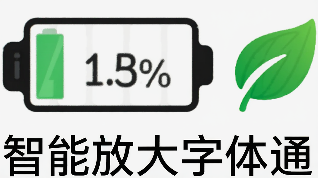 手机电池图标和电量百分比显示,旁边有一个绿色的节能叶子图标,背景为浅色,风格简约,画面中有“智能放大字体通”字样,画质干净无多余元素