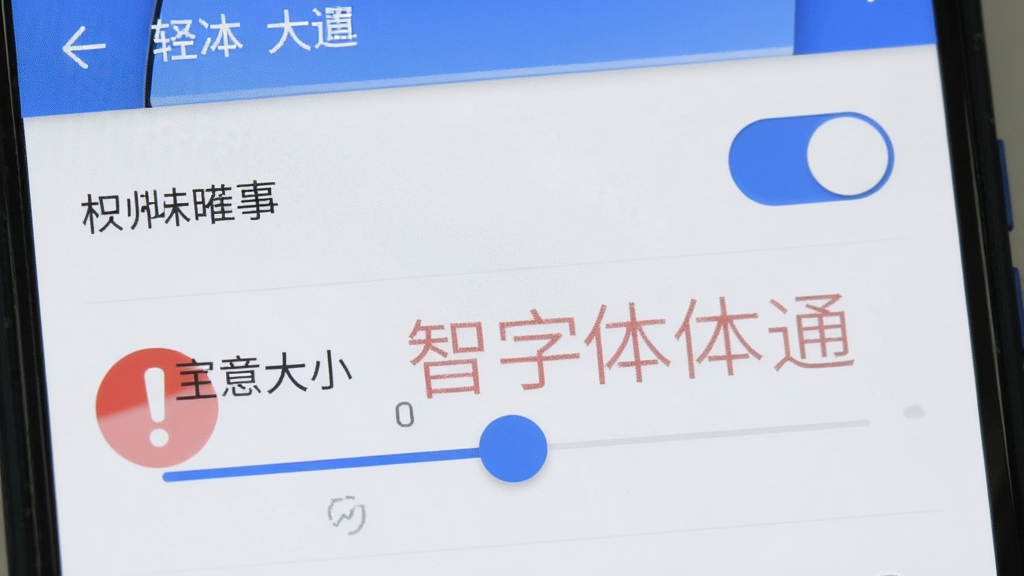 一部安卓手机显示设置界面,界面上有权限开关和字体大小滑块,旁边有一个红色感叹号图标提示注意事项,整体风格简洁清晰,画面中有“智能放大字体通”字样,画质干净无多余元素