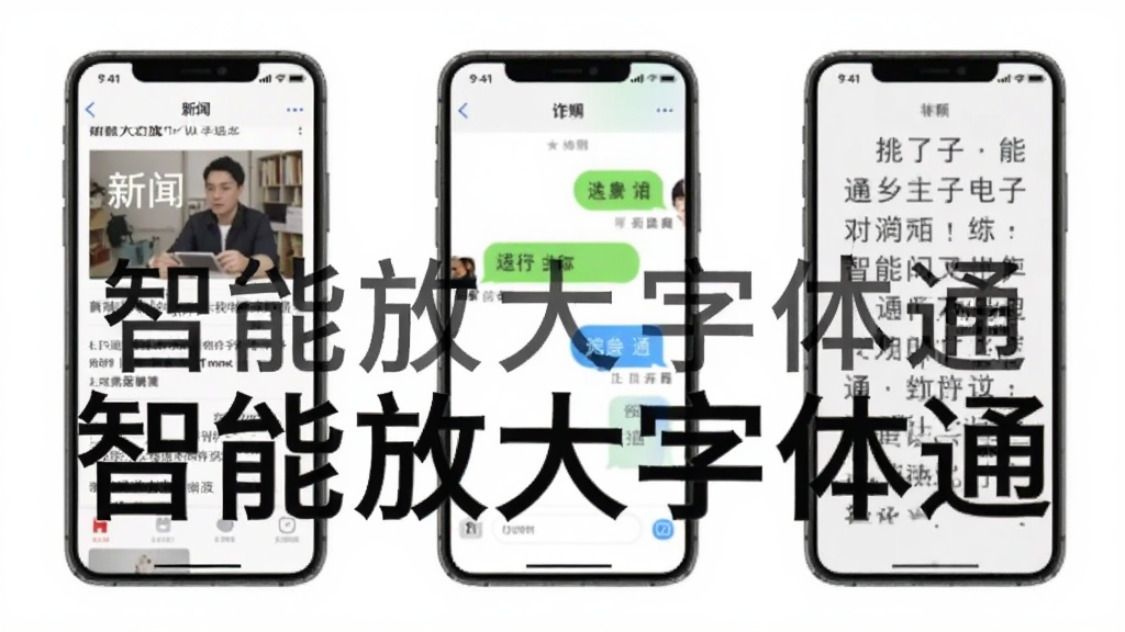 多部手机排列展示不同应用场景,分别显示新闻阅读、聊天界面、电子书阅读,每个屏幕上的文字都清晰放大,整体风格统一,画面中有“智能放大字体通”字样,画质干净整洁无多余元素