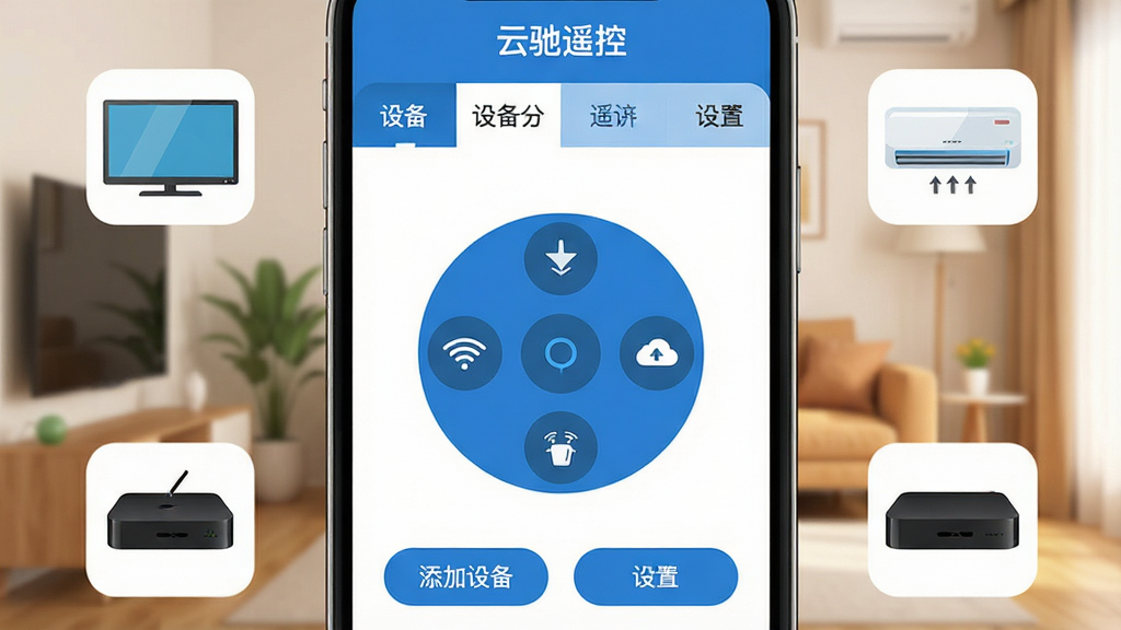 һ���ֻ���Ļ��д������������ʾ���Ƴ�ң�ء�App�����棬������������ɫΪ�����������豸�����ǩ�����м���Բ��ң�ذ������򣬵ײ��������豸�����ð�ť����Χ�����ŵ��ӡ��յ��������еȼҵ�ͼ�꣬��������ܰ�Ŀ�������������ִ���࣬��ƽ����ƣ�ϸ�����������ʸɾ��޶���Ԫ��