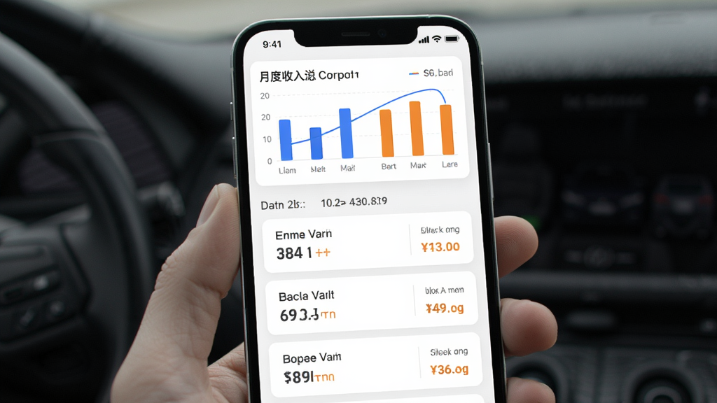 顺风车车主随行行程记录页面展示图,手机屏幕显示按日期排列的行程卡片列表,每张卡片上有起点终点、里程数和收入金额,顶部有月度收入汇总的柱状图,界面以白色为底,数据用蓝色和橙色区分,排版整齐清晰,风格简约商务,画质干净利落无多余装饰