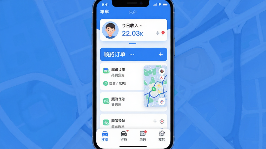 顺风车车主随行软件主界面截图,手机屏幕显示清爽的蓝白配色,顶部是车主头像和今日收入概览卡片,中间是醒目的顺路订单列表和地图预览小窗,底部导航栏有接单、行程、消息、我的四个图标,整体布局简洁明了,风格现代扁平化,图标圆润,画质干净清晰,无多余元素
