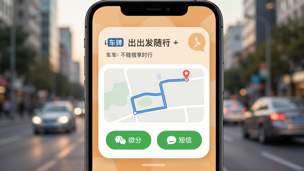 顺风车车主随行一键分享功能界面图,手机屏幕显示一张行程分享卡片,上面有车牌号、出发时间、路线简图,下方有微信和短信的分享按钮,卡片设计圆润,配色温暖,背景是模糊的城市街景,风格亲切友好,画质干净清晰,无多余元素