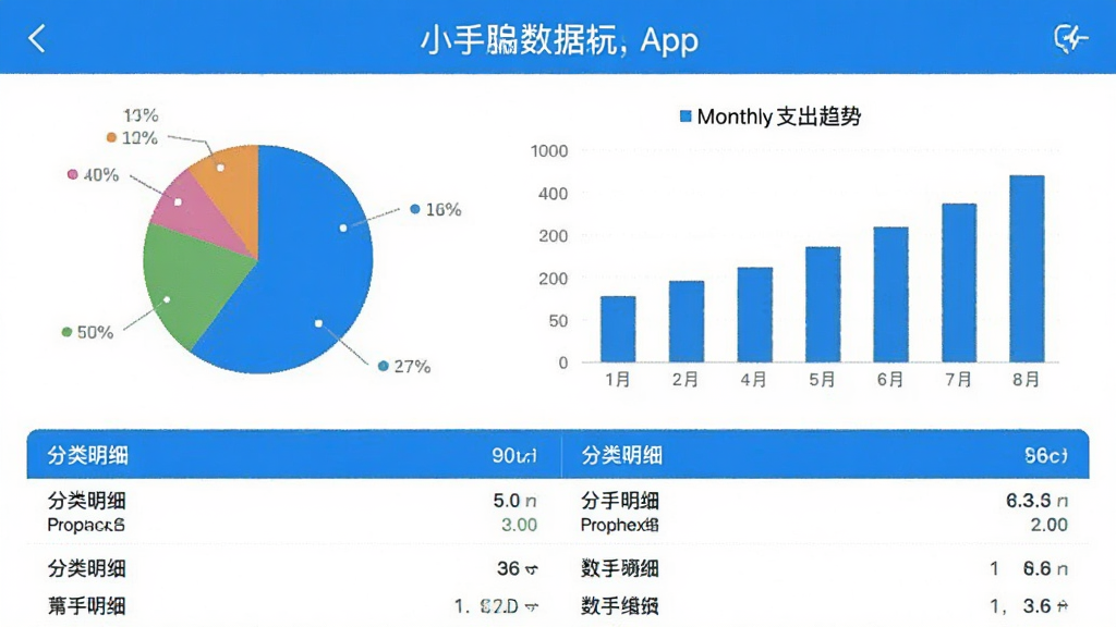 һ���ֻ�Ӧ�ý����ͼ��չʾС����App������ͳ��ҳ�棬�������в�ɫ��ͼ����״ͼ����ͼ��ʾ��ͬ���ѷ����ռ�ȣ���״ͼ��ʾÿ��֧�����ƣ�ͼ���·��з�����ϸ�б����������ִ���࣬������ɫ�����ʸɾ����޶���Ԫ��