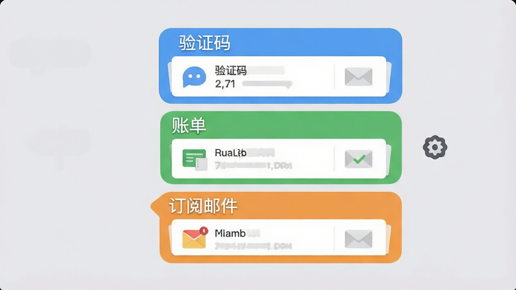 手机邮箱免费管理App的智能分类界面,画面中央显示三个彩色标签区域分别为“验证码”“账单”“订阅邮件”,每个区域里有对应的邮件卡片,右侧有一个设置图标,背景是淡灰色,风格扁平化,画质干净整洁,文字标签清晰可读
