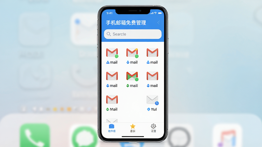 手机主屏幕中央打开着一个名为“手机邮箱免费管理”的App界面,界面以蓝白配色为主,顶部是搜索栏,中间整齐排列着多个邮箱账号图标,底部有收件箱、星标、设置三个标签,背景是简洁的浅色桌面壁纸,整体风格干净现代,画质清晰无多余元素