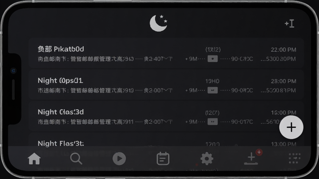 手机邮箱免费管理App的夜间模式界面,深色背景,邮件列表以白色文字显示,顶部有月亮图标,底部导航栏为深灰色,界面右下角有一个悬浮的加号按钮,整体风格沉稳舒适,画质细腻无噪点