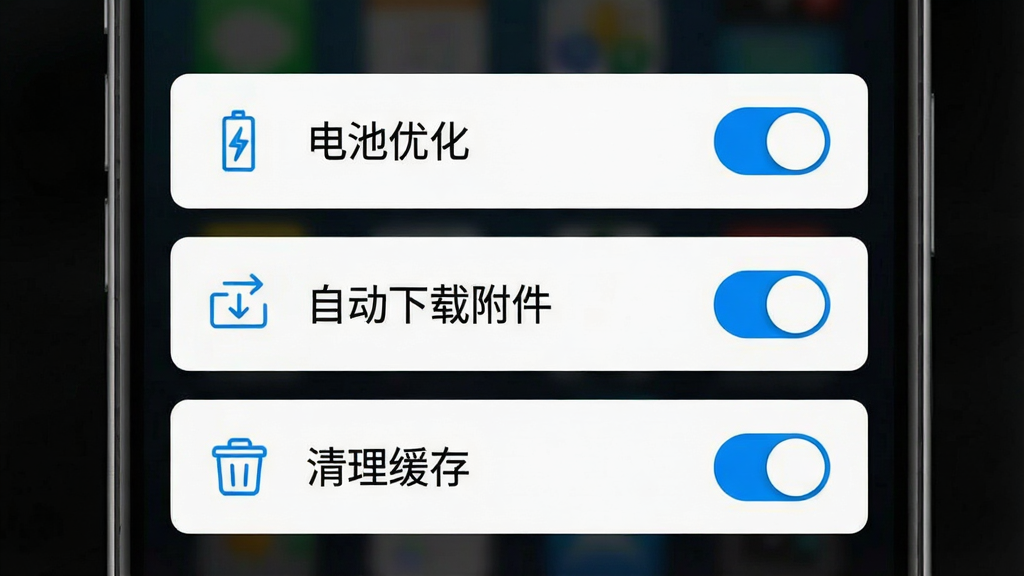 手机邮箱免费管理App的设置界面截图,画面显示“电池优化”“自动下载附件”“清理缓存”三个选项开关,背景为白色卡片式布局,图标为蓝色线性风格,整体清晰易读,画质干净无杂乱元素