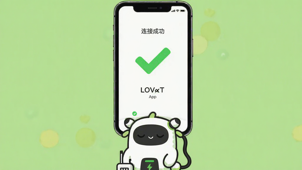 生图提示词:画面主体是一个手机屏幕,屏幕上显示着LOVOT App的连接成功界面,有一个大大的绿色对勾。布局为手机居中,手机下方有一个卡通风格的LOVOT机器人正在充电。排版简洁明了,风格扁平插画风,细节上手机界面有“连接成功”文字,机器人眼睛闭着在睡觉。画质干净,无多余元素,背景为浅绿色。