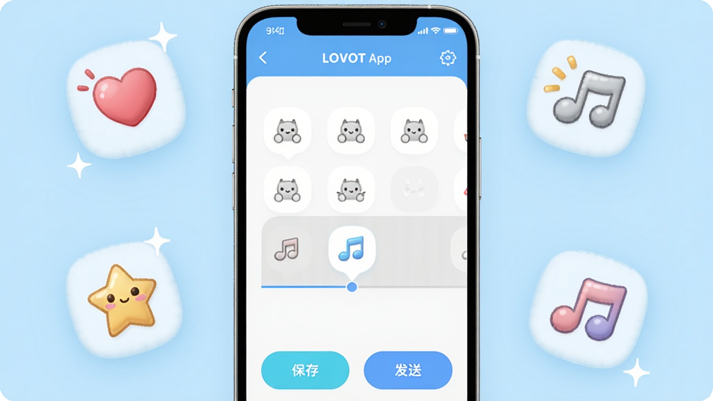 生图提示词:画面主体是一个手机屏幕,屏幕上显示着LOVOT App的动作编辑界面,有各种动作图标和拖拽轨道。布局为居中展示手机,手机周围漂浮着几个可爱的动作图标,如爱心、星星、音符。排版活泼,风格卡通科技感,细节上图标圆润可爱,手机界面有“保存”和“发送”按钮。画质高清,干净无多余元素,背景为浅蓝色渐变。