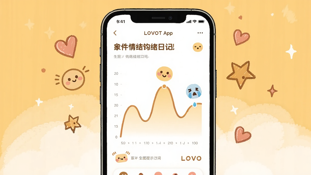 生图提示词:画面主体是一个手机屏幕,屏幕上显示着LOVOT App的情绪日记页面,有曲线图和可爱的表情图标。布局为手机居中,周围有一些手绘风格的爱心和星星点缀。排版温馨,风格手账风,细节上曲线图有起伏,表情图标有笑脸和哭脸。画质高清,干净无多余元素,背景为暖黄色。
