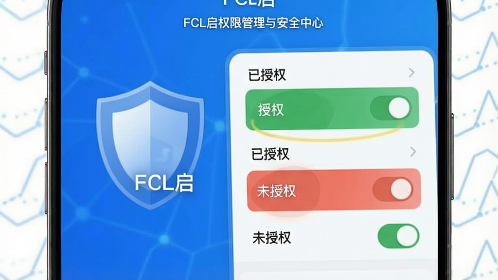 一张展示FCL启权限管理与安全中心界面的生图提示词,主体是手机屏幕,布局为盾牌图标和权限开关列表,排版清晰,风格为简洁的蓝白配色安全主题,细节包括已授权和未授权状态的对比,画质清晰,干净,无多余元素,画面中打上文字“FCL启”。
