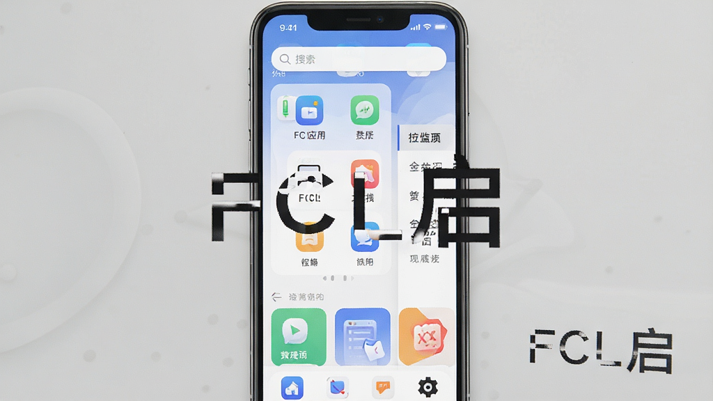 一张展示FCL启应用主界面的详细生图提示词,主体是智能手机屏幕,布局为顶部搜索栏和底部功能卡片,排版简洁,风格为现代科技感扁平化设计,细节包括应用图标网格和侧边栏菜单,画质清晰,干净,无多余元素,画面中打上文字“FCL启”。