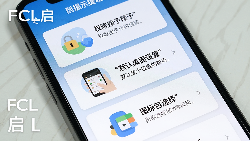 一张展示FCL启新手设置向导流程的生图提示词,主体是手机屏幕显示步骤指引,布局为分步卡片式设计,排版从上到下依次为权限授予、默认桌面设置、图标包选择,风格为扁平化指引风格,细节包括每一步的示意图和文字说明,画质清晰,干净,无多余元素,画面中打上文字“FCL启”。
