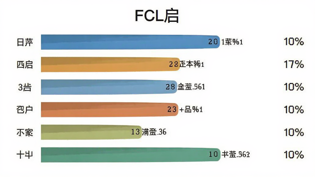 一张展示FCL启用户年龄分布柱状图的生图提示词,主体是数据图表,布局为横向柱状图,排版左侧为年龄段右侧为百分比,风格为简洁的商务图表风格,细节包括不同颜色的柱条和清晰的数值标签,画质清晰,干净,无多余元素,画面中打上文字“FCL启”。