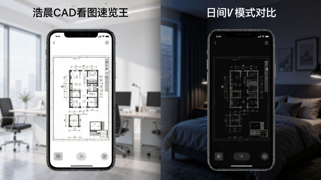 一张“浩晨CAD看图速览王”夜间模式与日间模式对比图,画面左侧是白天场景下手机显示浅色背景图纸,右侧是夜晚场景下手机显示深色背景图纸,背景从明亮办公室渐变到昏暗卧室,风格是写实对比图,光线过渡自然,画质清晰,无多余元素