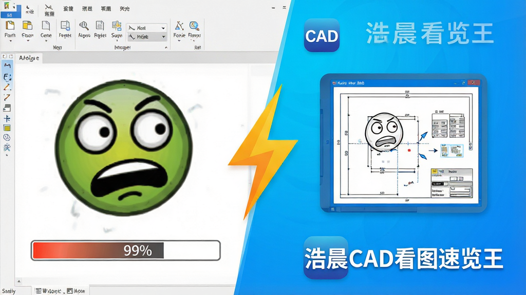 一张展示“浩晨CAD看图速览王”快速加载图纸的对比示意图,画面左侧是传统软件加载进度条卡在99%的焦躁表情包风格,右侧是“浩晨CAD看图速览王”图标下图纸瞬间全显的流畅画面,背景是明亮的蓝色渐变,中间有一个闪电符号连接两侧,风格是扁平化插画,色彩对比强烈,画质干净,无多余元素