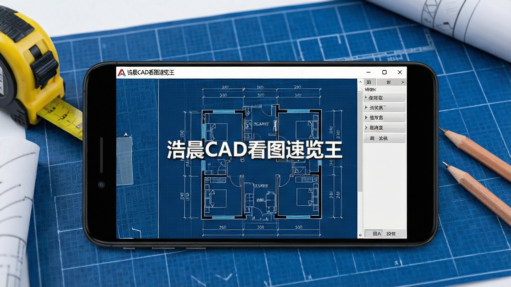 一张手机屏幕展示CAD图纸的界面截图,画面中央是“浩晨CAD看图速览王”的软件启动页面,背景是深蓝色工程图纸网格纹理,前景是一部黑色智能手机,屏幕上显示着清晰的建筑平面图线条,图纸上有标注尺寸和图层按钮,手机周围散落着卷尺和铅笔,整体风格是写实的产品展示图,光线明亮柔和,画质清晰干净,无多余元素