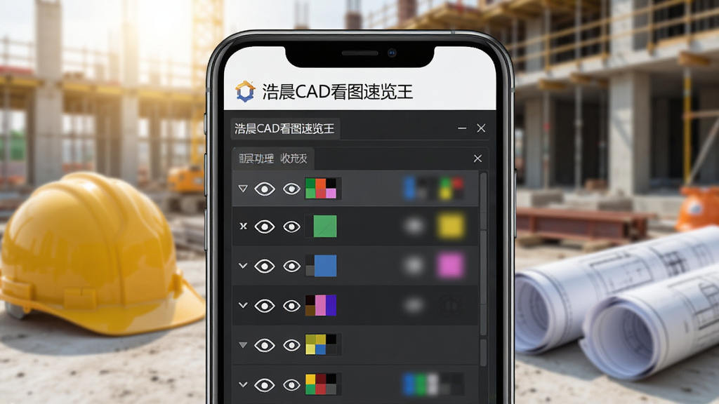 一张“浩晨CAD看图速览王”图层管理功能的界面特写图,画面主体是手机屏幕,屏幕上显示着一个CAD图纸的图层列表面板,每个图层旁边有眼睛图标和颜色块,背景是虚化的建筑工地环境,有安全帽和图纸筒,风格是写实科技风,光线明亮,画质清晰,细节丰富,无多余元素