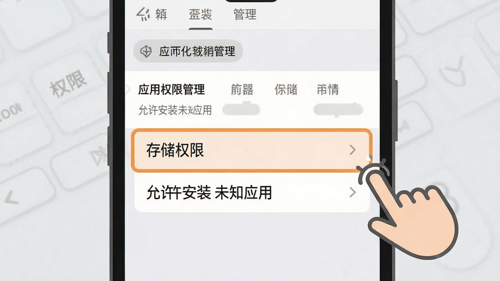 一张展示手机设置界面的示意图,画面主体是手机屏幕显示应用权限管理页面,高亮标注“存储权限”和“允许安装未知应用”两个选项,旁边有手指点击的图标,背景是简洁的浅灰色,风格是扁平化教程图,画质清晰,文字标注明确,无多余元素