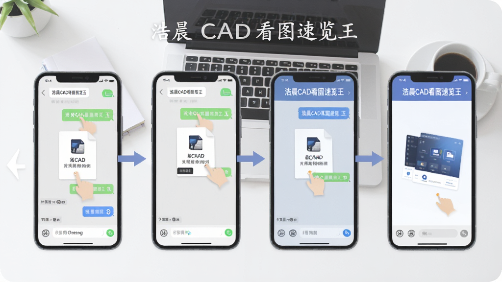 一张“浩晨CAD看图速览王”文件导入流程的示意图,画面展示手机屏幕从聊天软件接收文件到用“浩晨CAD看图速览王”打开的连续截图,屏幕上有箭头引导操作步骤,背景是简洁的办公桌面,有笔记本电脑和咖啡杯,风格是扁平化UI展示图,色彩柔和,画质干净,无多余元素