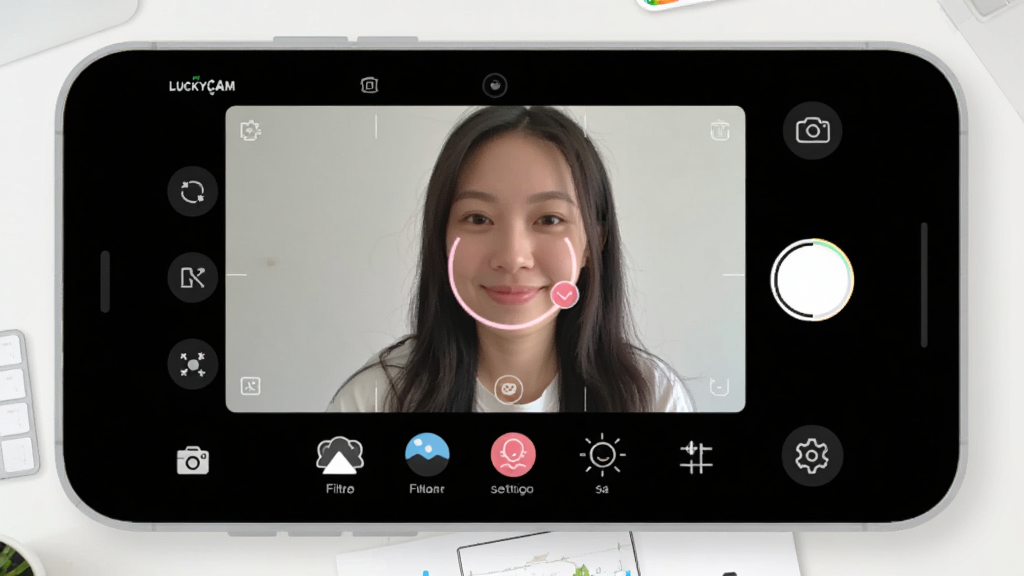 һ��չʾLuckyCam���Ӧ�ú��Ľ����ͼƬ�������������ֻ���Ļ����Ļ����ʾLuckyCam������ȡ����ȡ����������������������Ԥ��Ч������Ļ�·��������˾������ա����õȹ���ͼ�꣬�����Ǹɾ���Լ��ǳɫ���棬����ִ���ƽ����ϸ��Բ�󣬻��ʸɾ��޶���Ԫ��