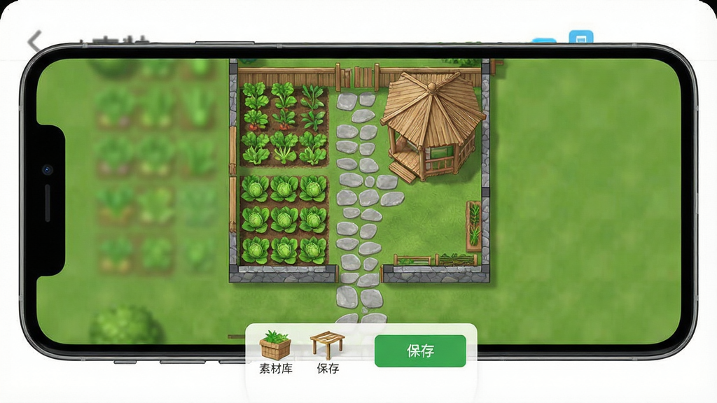 一张展示手机屏幕的图片,屏幕里显示着小院装修计划App的主界面,界面中央是一个俯视视角的农家小院2D平面图,有绿色的菜地、灰色的石板路和木质的凉亭,界面底部有素材库和保存按钮,整体布局清晰,风格清新写实,画质干净,无多余元素