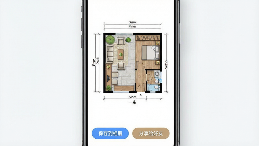 小院装修计划App的导出界面,画面中是一个手机屏幕显示着一张高清的小院设计平面图,图上有尺寸标注,屏幕下方有“保存到相册”和“分享给好友”的按钮,风格简洁现代,画质干净,无多余元素
