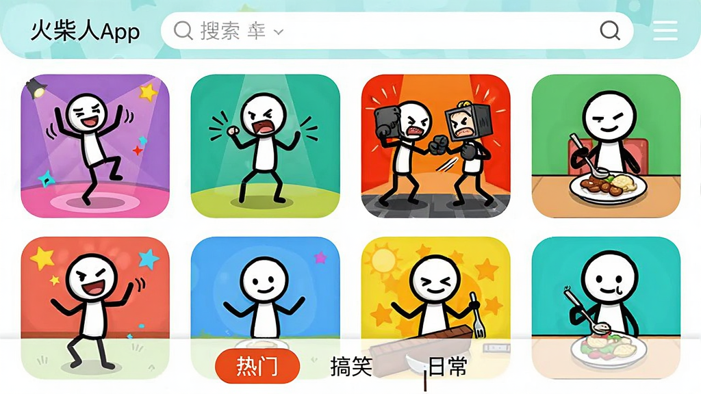 һ�š���������App��ģ�������ͼ���ͼƬ�����������������Ŷ������˶������棬ÿ�����涼��һ����ͬ�����Ļ���ˣ�����һ�������衢һ���ڴ�ܡ�һ���ڳԷ������涥���������򣬵ײ��з����ǩ�����š�����Ц�����ճ����������ã�ɫ�����죬���ʸɾ�