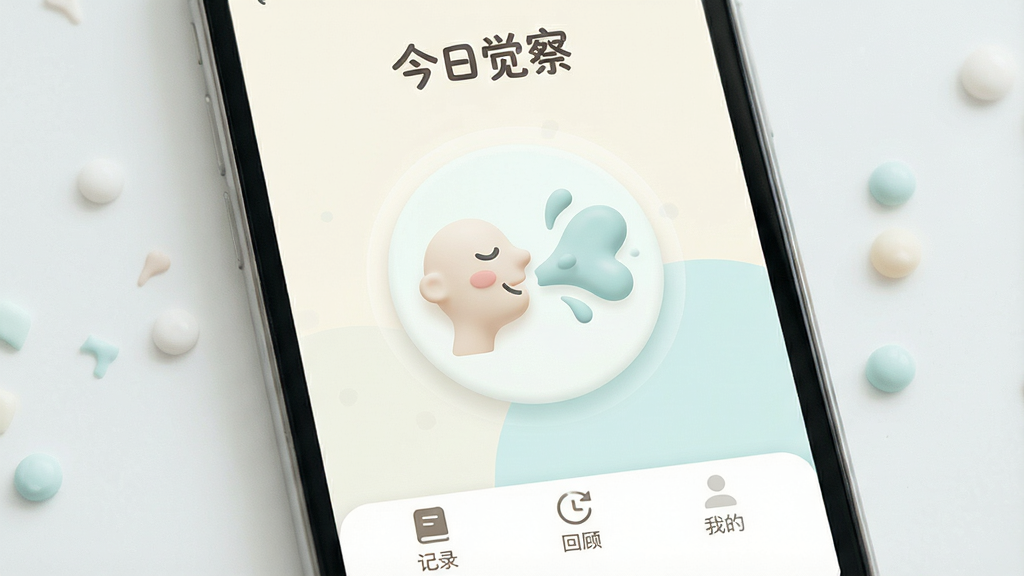 手机屏幕中央显示“悟到”应用的主界面,整体采用柔和的米白与淡青色调,顶部有“今日觉察”字样,中间是一个圆润的呼吸引导动画,底部为“记录”“回顾”“我的”三个极简图标,背景干净无广告,画面风格清新治愈,细节圆润,画质干净,无多余元素