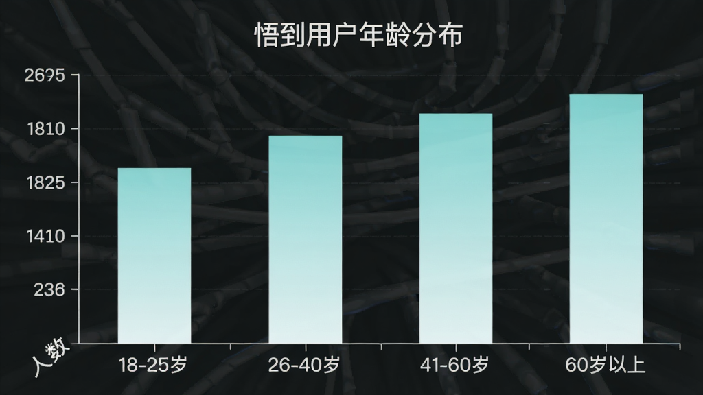 一张柱状图,横轴标注年龄区间“18-25岁”“26-40岁”“41-60岁”“60岁以上”,纵轴标注人数占比,柱子颜色为淡青色渐变,图表标题为“悟到用户年龄分布”,整体风格简洁现代,画质干净,无多余元素