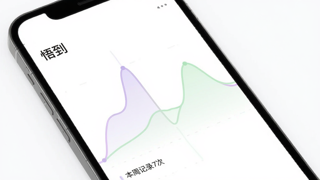 “悟到”应用的数据回顾界面,屏幕上显示一条柔和的情绪波动曲线,用淡紫色和浅绿色区分不同状态,下方有“本周记录7次”的小字,整体布局留白充足,风格现代扁平,画质干净,无多余元素