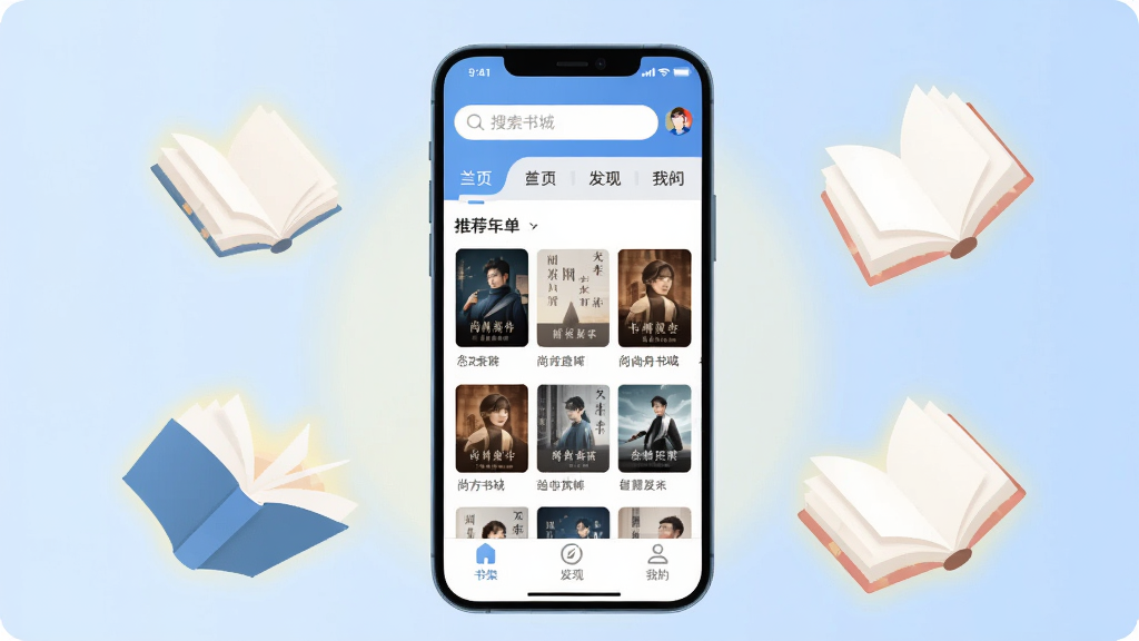 һ��չʾ�з���С˵�Ķ���������ĺ�����ֲ廭�������������ֻ���Ļ����Ļ����ʾ�з��������ҳ���������������ͷ����ǩ���м����Ƽ��鵥�������񣬵ײ�����ܡ����֡��ҵ���������ͼ�꣬�ֻ���ΧƯ���ż����������鼮����͵Ĺ��Σ������ǵ��ŵ�ǳ��ɫ���䣬����ִ���ƽ��ϸ��Բ�󣬻��ʸɾ����޶���Ԫ�ء�