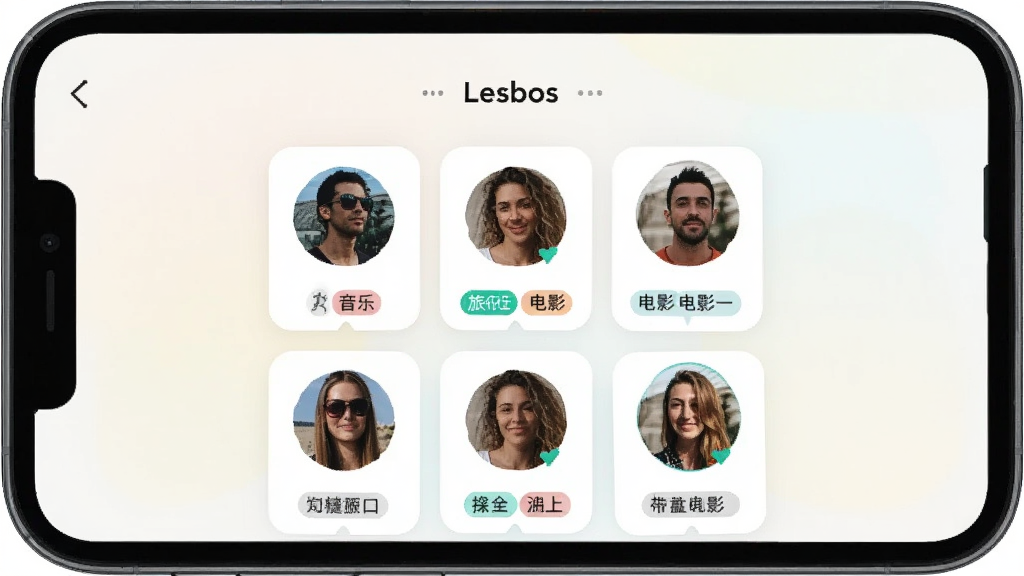 一张 Lesbos 兴趣匹配功能的界面展示图,画面中一部手机屏幕显示 Lesbos 的匹配页面,中间有多个用户头像卡片环绕排列,每个卡片下方有小标签如音乐、旅行、电影,背景是浅色渐变,风格简洁明快,画质干净,无多余元素