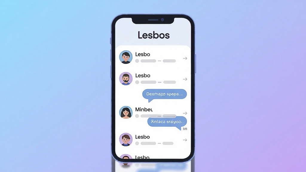 一张展示 Lesbos 应用主界面的手机截图风格插画,画面中央是一部竖屏手机,屏幕内显示 Lesbos 聊天列表界面,有头像、昵称和消息气泡,整体布局简洁,顶部有 Lesbos 文字Logo,背景是柔和的蓝紫色渐变,风格清新现代扁平化,细节圆润,画质干净,无多余元素